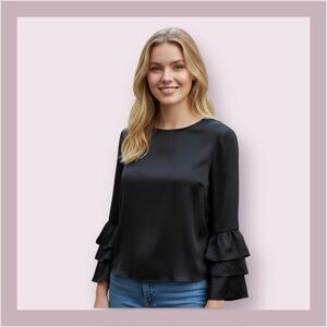 NWT Bleuh Ciel Black Satiny Ruffle Sleeve Blouse Size S